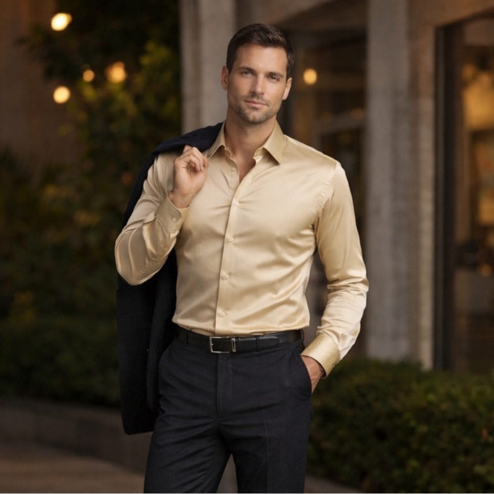 Champagne Gold Dress Shirt Men’s Single Needle Tailored Formal Luxe Sheen 16.5 L